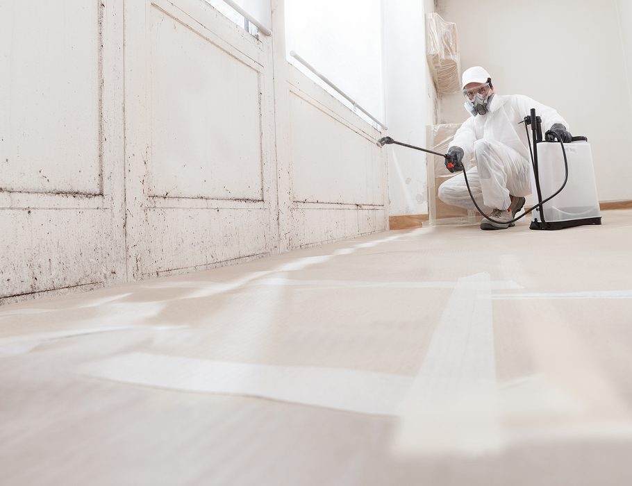Person in protective gear spraying disinfectant indoors.